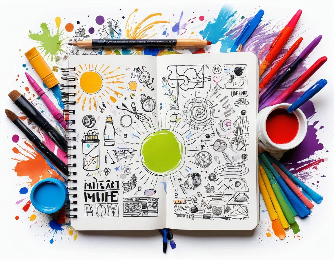 A vibrant scene of an open notebook surrounded by colorful art supplies like paints, brushes, and markers, with whimsical doodles and mind maps floating around, symbolizing creativity. Include quirky, abstract characters engaging in creative activities in the background. The setting should feel inviting and energizing, reflecting a chaotic yet inspiring atmosphere. bright colors. super-realistic. white background.