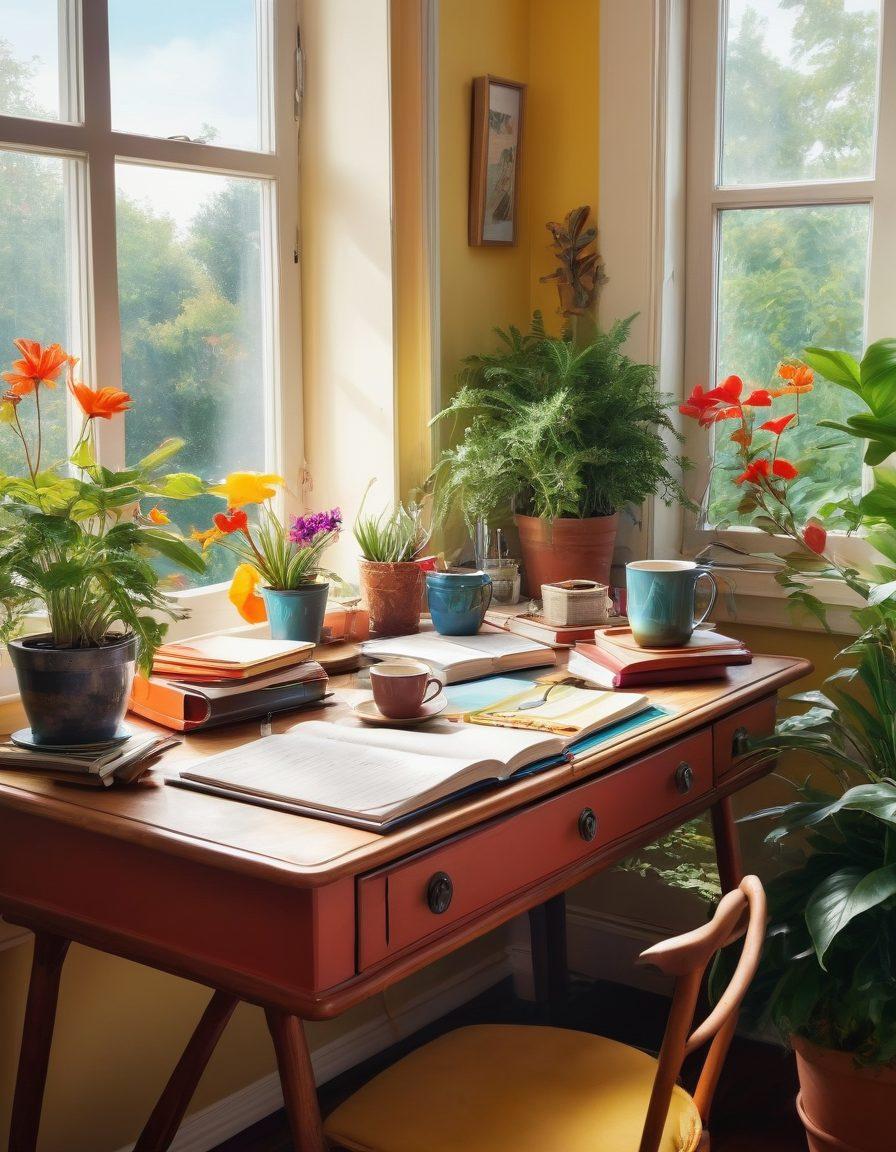 A whimsical writing desk adorned with colorful notebooks and a steaming cup of coffee, surrounded by vibrant plants and quirky art pieces. In the background, an open window reveals a sunny landscape with fluttering butterflies, symbolizing inspiration and creativity. The image should evoke a sense of warmth and motivation for lifestyle blogging. super-realistic. vibrant colors. cozy atmosphere.