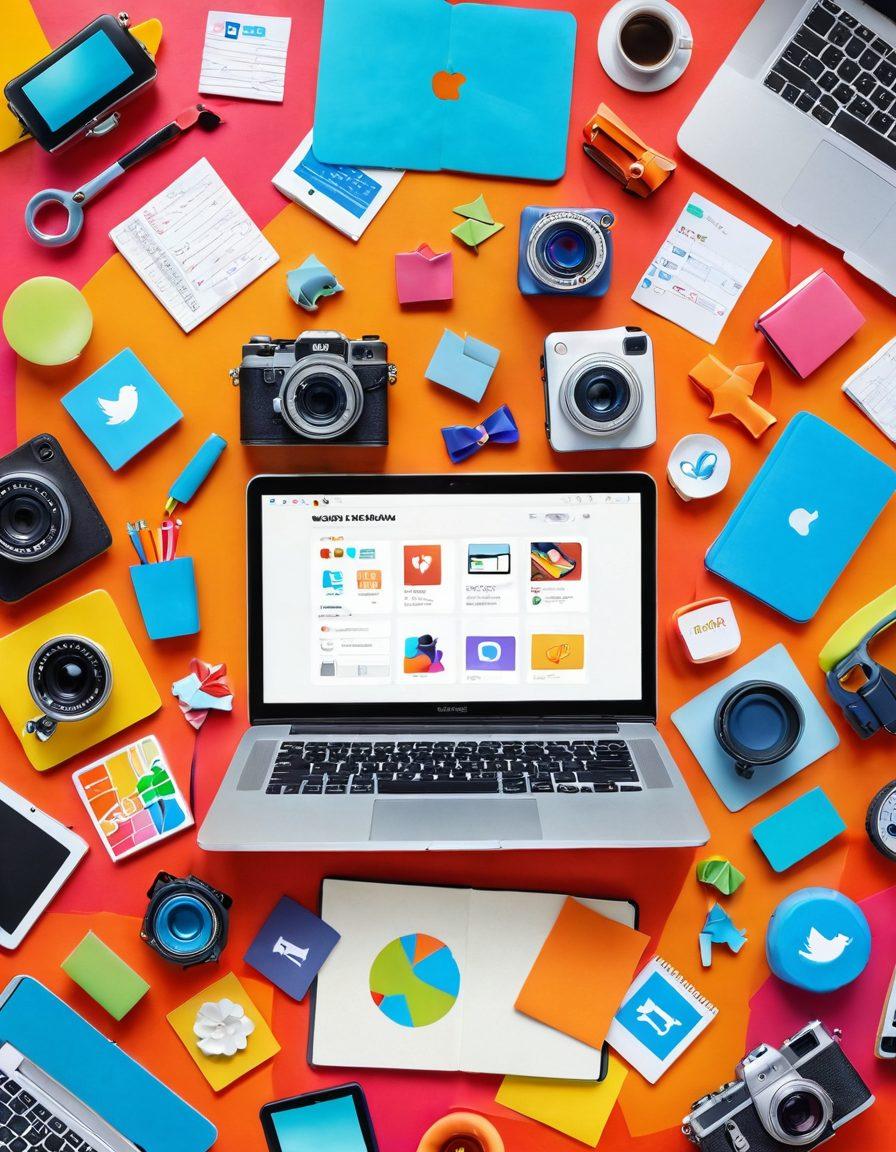 A vibrant collage showcasing diverse content creation tools like a camera, laptop, and notebook, surrounded by lively elements representing modern lifestyles, such as fitness, travel, and cooking. The background features stylized social media icons and colorful graphics to evoke engagement. Capture the essence of creativity and interaction. super-realistic. vibrant colors. 3D.